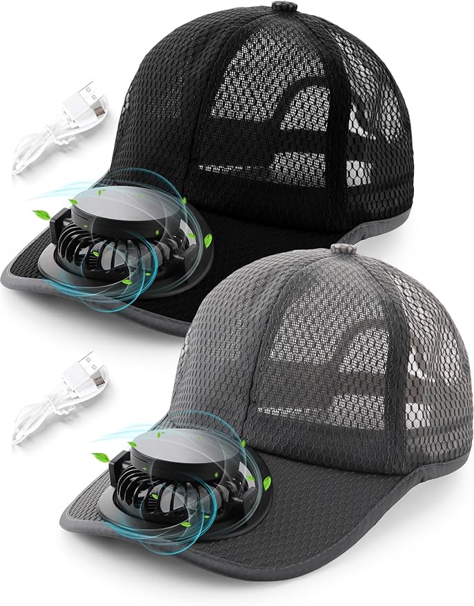 Yaomiao 2 Pcs Solar Baseball Cap with Fan Unisex Sun Protection USB Charging Fan Mesh Hat for Summer Outdoor