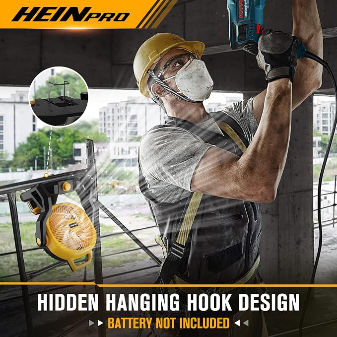 HEINPRO Portable Fan Battery Powered, Compatible with Dewalt 20V Max Battery, 650CFM Camping Travel Fan with Variable Speed, Silent Low Noise, for Workshop Garage Jobsite Use, AC Adapter Included