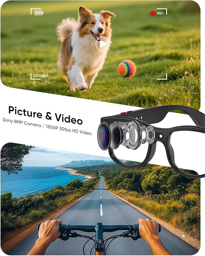 CJkao Smart AI Glasses with Camera for Men, HD Camera Video Recording, Voice Assistant Control, Bluetooth Music Glasses for Teenager(G3-White)