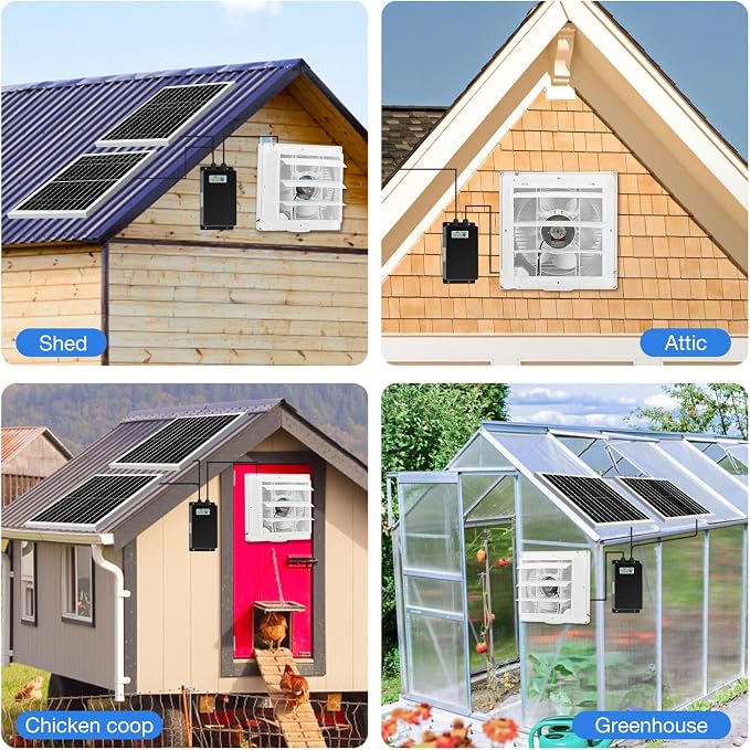 Fanspex Solar Exhaust Fan, Solar Powered Vent Fan Kit for Outside Greenhouse Shed Chicken Coop (10" Fan with Battery)