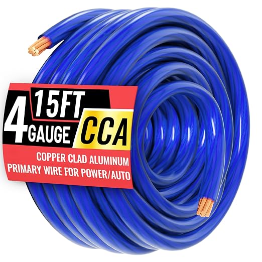 4 Gauge Wire 15FT Blue Copper Clad Aluminum CCA Battery Cable, Primary Power/Ground Cable for Car Audio Speaker, RV Trailer, Amp, Inverter RV Truck, Marine, Solar Equipment, Translucent Jacket