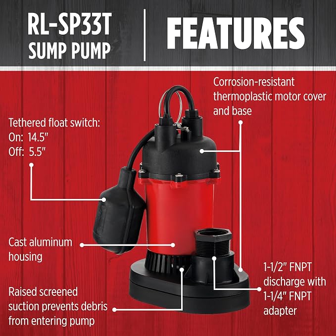 Red Lion RL-SP33T 115-Volt, 1/3 HP, 3200 GPH Aluminum and Thermoplastic Sump Pump with Tethered Switch and 8-Ft. Cord, Red, 14942740