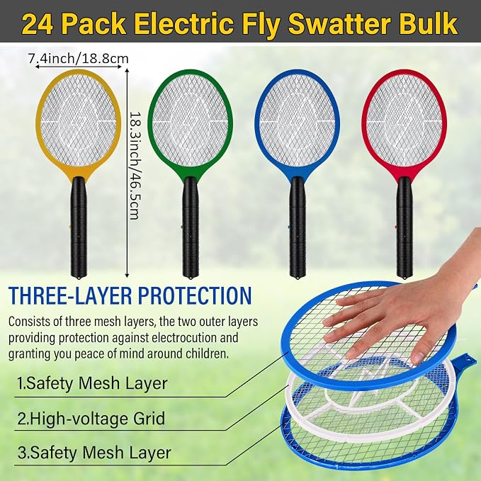 24 Pack Electric Fly Swatter Bulk Bug Zapper Rackets for Indoor Outdoor Insect Control Killer Bat Handheld Mosquito Swatter Battery Powered Electric Bug Killer for Home Patio Camping (4 Colors)