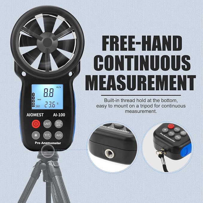 AIOMEST Digital Anemometer, Handheld Wind Speed Meter AI-100, Airflow Gauge Measures Air Temperature ℃/℉ Velocity for HVAC with Wind Chill Backlight