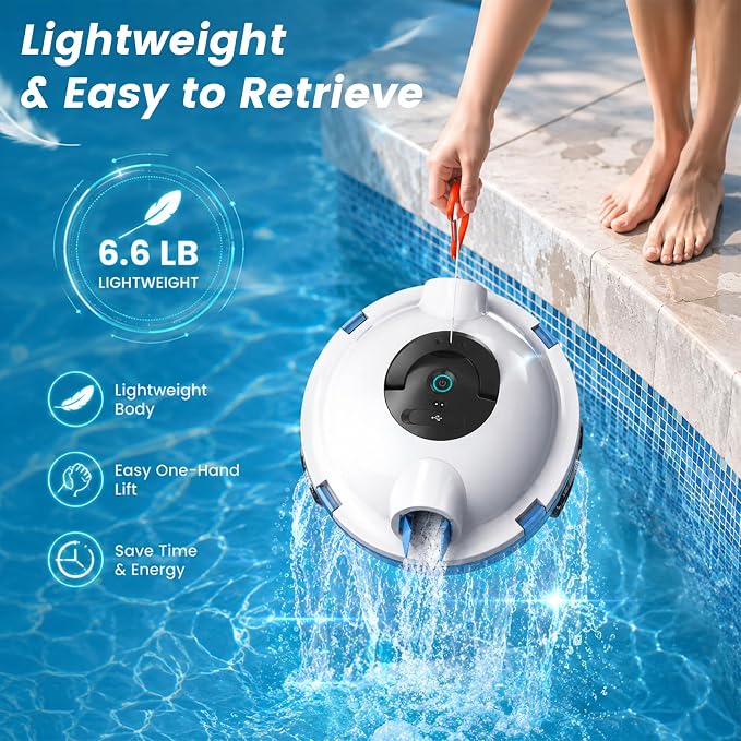 Y10 Robotic Pool Cleaner,Cordless Pool Vacuum with 150 Mins Runtime,High Efficiency Dual Suction Power,Self-Parking&Smart Navigation for Above-Ground & Flat Inground Pools up to 1300 sq.ft (White)