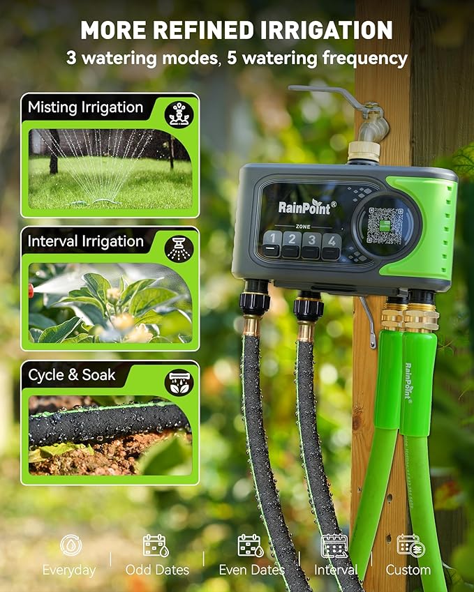 RAINPOINT WiFi Sprinkler Timer 4 Zone, 2027 New Version Outdoor Smart Water Timer for Garden Hose with Brass Inlet&Outlet, Custom Programs via APP/Voice Control (Lime Green, 4 Zone)