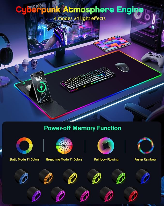RGB Gaming Mouse Pad with Wireless Charging & Phone Stand, 31.5"x15.8" Large, 24 Light Effects, Non-Slip Base, Waterproof Ultra-Smooth Surface, with Adatper, No Adatper