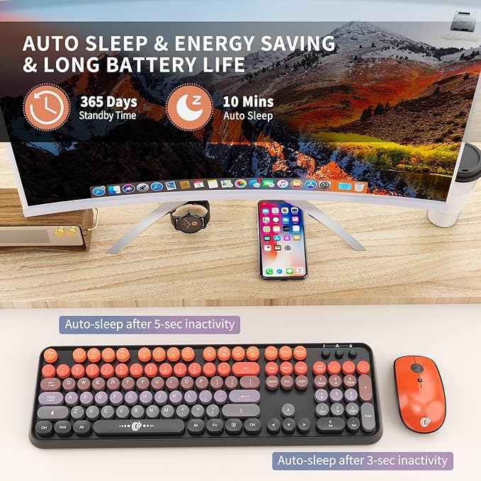 Orange Wireless Keyboard and Mouse Combo, Cute Retro Typewriter Style Round Key Keyboard, Letton Colorful Bubble Full Size Keyboard with Number Pad for Long Nails PC Laptop Office
