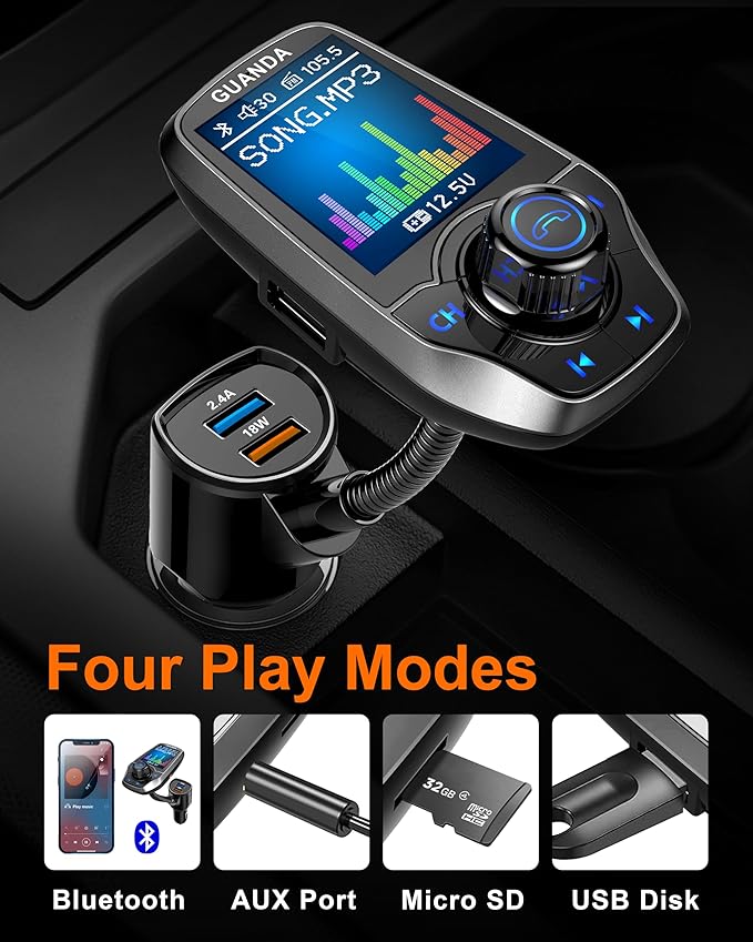 Upgraded Bluetooth 5.3 FM Transmitter for Car, Wireless Radio Adapter Kit W 1.8" Color Display Hands-Free Call AUX in/Out SD/TF Card USB Fast Charging 18W for All Smartphones Audio Players - Pewter
