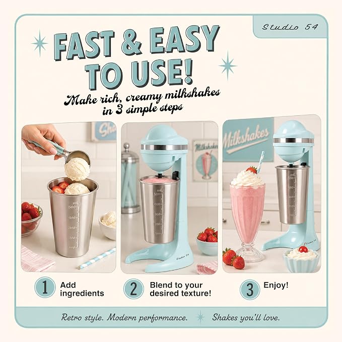 Retro Milkshake Maker, Electric Drink Mixer with 17oz Stainless Steel Mixing Cup, Milkshake Machine & Frappe Maker, 2-Speed Shake Mixer for Smoothies, Ice Cream Drinks & Coffee