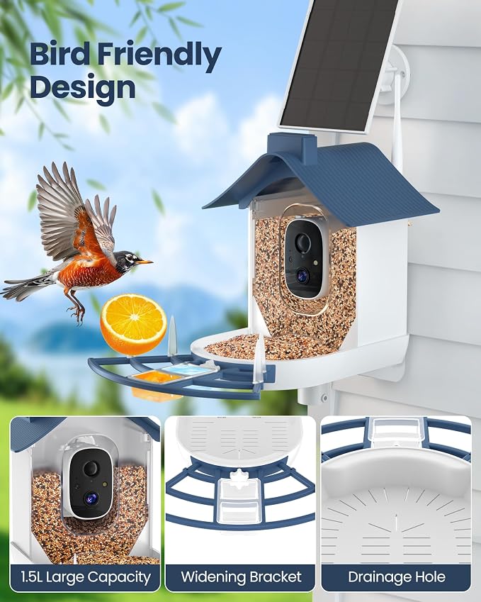 Smart Bird Feeder with Camera, AI Bird Identification, Solar Powered Wireless Outdoor Bird Watching Camera, Auto Capture Video & Instant Notifications for Bird Lovers