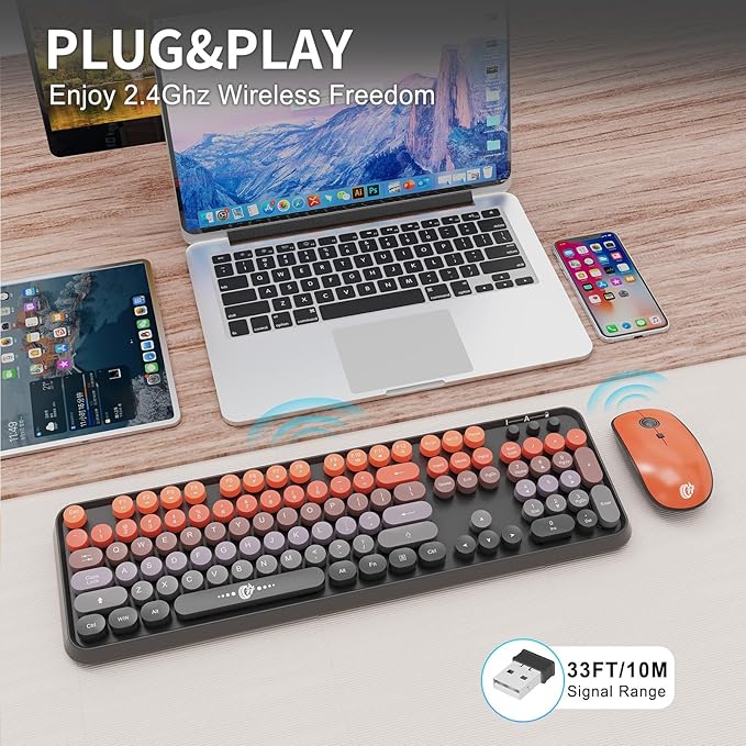 Orange Wireless Keyboard and Mouse Combo, Cute Retro Typewriter Style Round Key Keyboard, Letton Colorful Bubble Full Size Keyboard with Number Pad for Long Nails PC Laptop Office