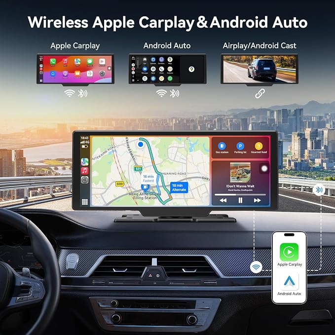Portable Carplay Screen for Car, 9" Car Play Touchscreen with 4K Dash Cam,1080P Backup Camera,Wireless Carplay&Android Auto,Loop Recording,GPS Navigation,Bluetooth (9inch)
