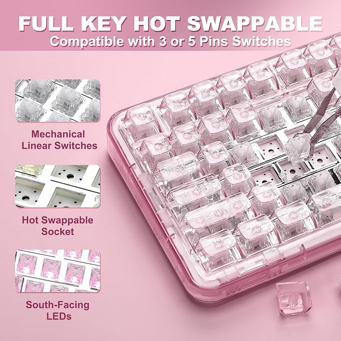 YUNZII X98 QMK/VIA Wireless Mechanical Gaming Keyboard with Knob,Tri-Mode BT5.0/USB-C/2.4GHz Hot Swappable Keyboard,Pre-lubed Switches Gasket Mount RGB Backlit for Wins/Mac (Pink, Snow Switch)