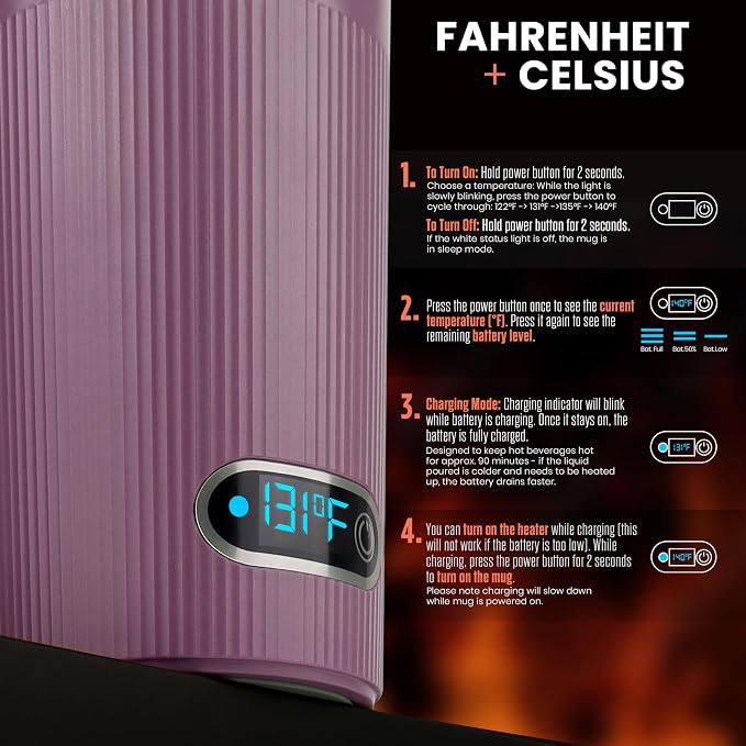 SmrtMugg GO Heated Coffee Mug, Travel Mug, 13.5 OZ. Smart Mug, Battery Powered Heated Coffee Mug, Great for Coffee and Tea, Snap on Magnetic Charging Cord, Adjustable Temperature (Lilac)