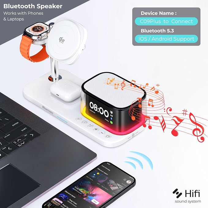 Qi2.2 25W Magnetic Wireless Charging Station, 5-in-1 Charger Stand with Bluetooth Speaker, Alarm Clock & Night Light for iPhone 12–17, Apple Watch, AirPods, Galaxy & Pixel (Qi)