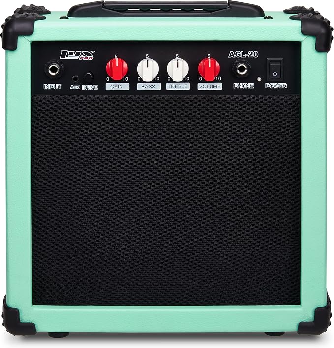 LyxPro Electric Guitar Amp 20 Watt Amplifier Built in Speaker Headphone Jack and Aux Input Includes Gain Bass Treble Volume and Grind - Green