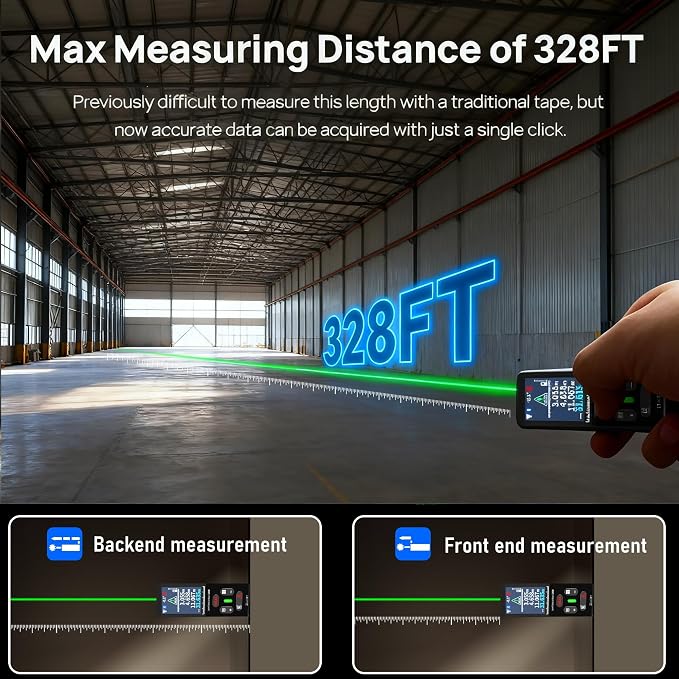 ZC-L387 Laser Measuring Tool 328Ft /100m Dual Green Laser Rangefinder Green Crosshair Laser Measuring Tool Backlit LCD Display Rechargeable Laser Rangefinder/Length/Volume/Area/Voice (m/Ft/in)