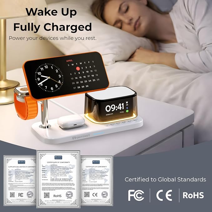 Qi2.2 25W Magnetic Wireless Charging Station, 5-in-1 Charger Stand with Bluetooth Speaker, Alarm Clock & Night Light for iPhone 12–17, Apple Watch, AirPods, Galaxy & Pixel (Qi)