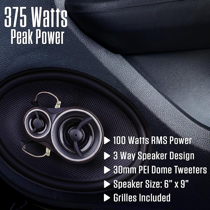 Jensen APEX Power Series JS69K 6x9 3-Way Premium Aramid Fiber Car Speakers (Pair) | 375 Watts Peak Power (100W RMS) per Speaker | 30mm PEI Dome Tweeters | Delivers Punchy Bass & Crystal-Clear Vocals