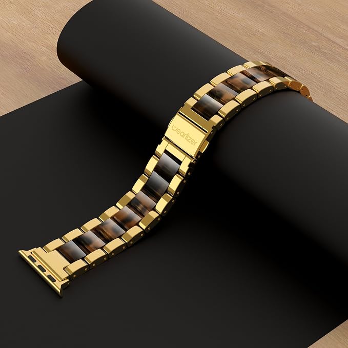 Wearlizer Compatible with Apple Watch Band 42/44/45/46/49mm Replacement Womens Mens Wristbands Gold Stainless Steel Tortoise Resin Strap Metal iWatch Series 11 10 9 8 7 6 5 4 3 SE/Ultra 3 2 1