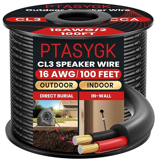 16 Gague Outdoor Speaker Wire 100 Feet - 2 Conductor Direct Burial Speaker Cables CL3 CL2 Rated, UV Resistant CCA Cable for Garden, Patio, Pool Audio Systems