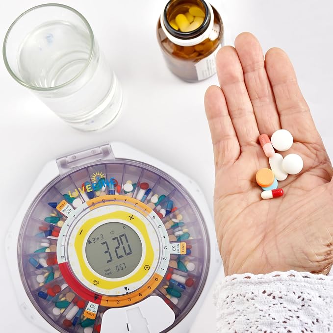 LiveFine Bluetooth Automatic Pill Dispenser, 28-Day Capacity, Sound & Light Alerts, Key Lock, LCD & Easy Setup on the LiveFine App for Prescriptions, Medications, Vitamins & Supplements - Clear Lid