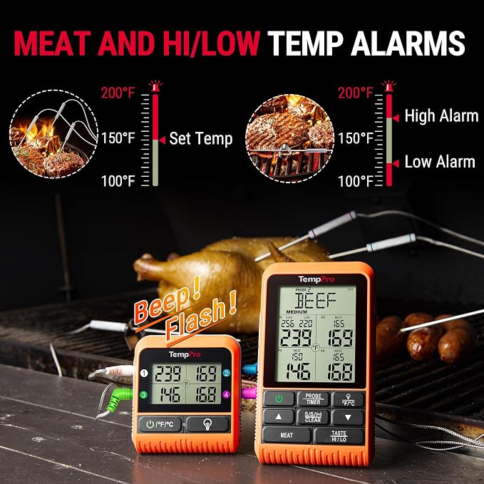 TempPro TP829 1000ft Wireless Meat Thermometer Digital for Grilling and Smoking, 4 Meat Probes Grill Thermometer for Outside Grill, Thermometer Cooking Gift for Dad Him Husband (Previously ThermoPro)