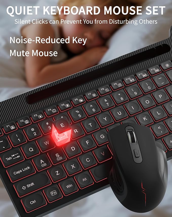 Wireless Keyboard Mouse Combo, Full Size Quiet Ergonomic Keyboard with Calculator, Backlit, Wrist Rest, Phone Holder, 2.4Ghz Silent Rechargeable Keyboard & Mouse for Laptop, PC, Windows (Black)