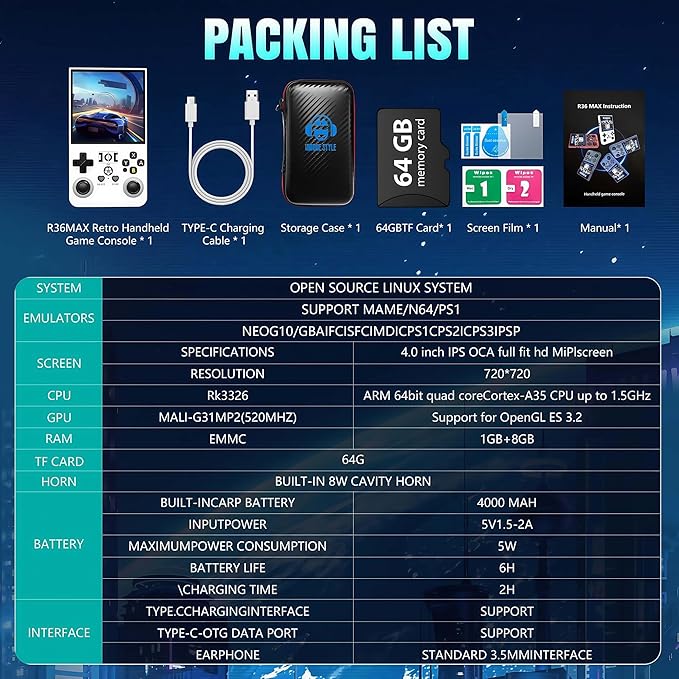R36MAX Retro Handheld Game Console,4.0" HD IPS Screen,Open Source Linux System,18000+Preloaded Games,64GB Memory,4000mAh Battery Portable Gaming with Gift Card & Premium Bag (White 64Gb)