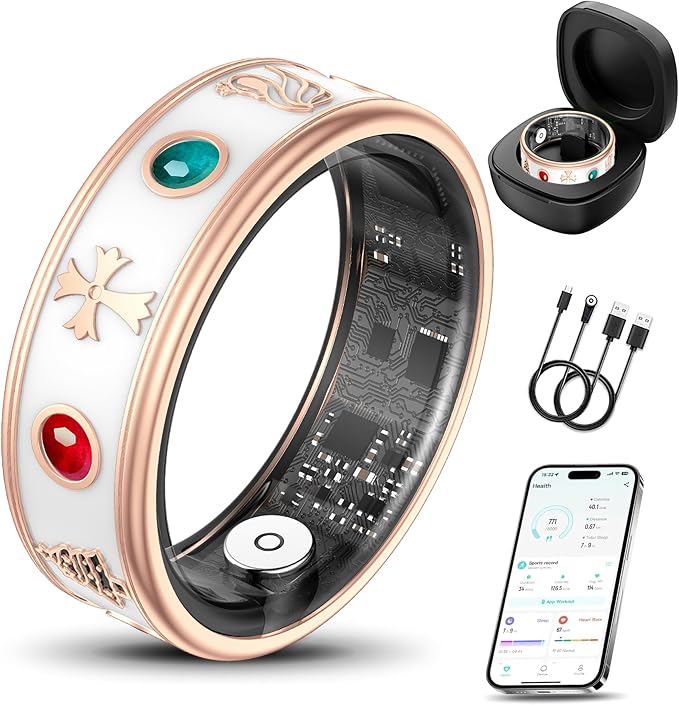 Smart Ring for Women,Fitness & Activity Tracker with Blood Pressure/Heart Rate Monitor, Sleep Tracker, Step Counter, IP68 Waterproof Ring for iOS&Android,Fast Charge,No Subscription (Rose Gold,Size10)