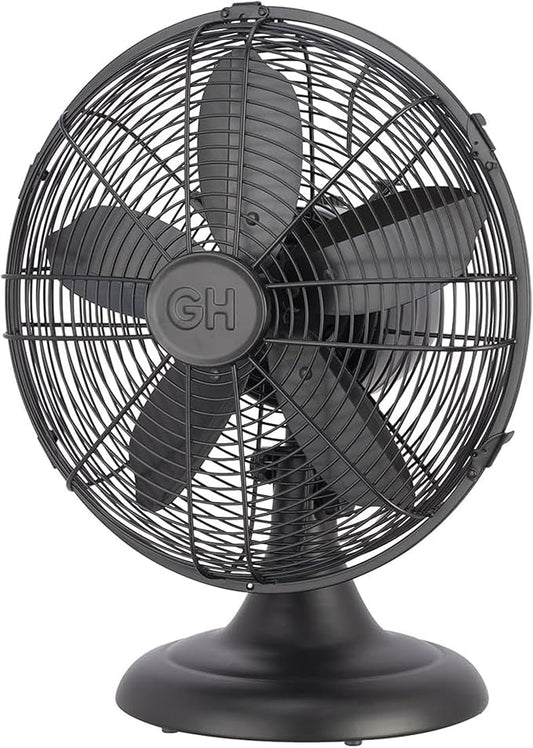 Good Housekeeping 92603 All-Metal 12" Retro Desk Office Table Fan with Wide Oscillation, 3-Speed Settings & Carrying Handle, Matte Black