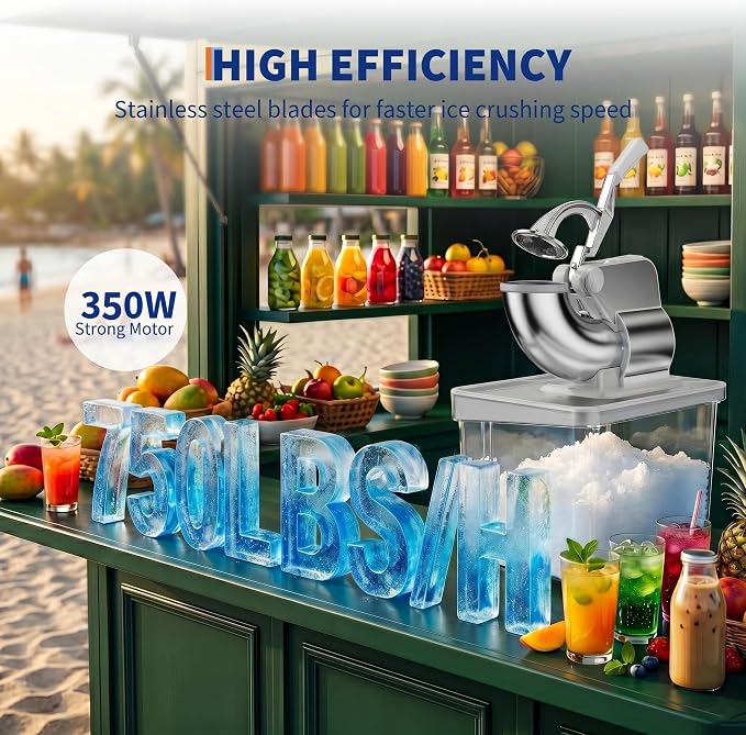 Commercial Ice Crusher Machine with 4 Blades, 2000RPM 750LBS/H Ice Shaver with 2LBS Hopper Capacity, 350W Stainless Steel Snow Cone Machine for Home Use, Bars, Cafes, Parties, White