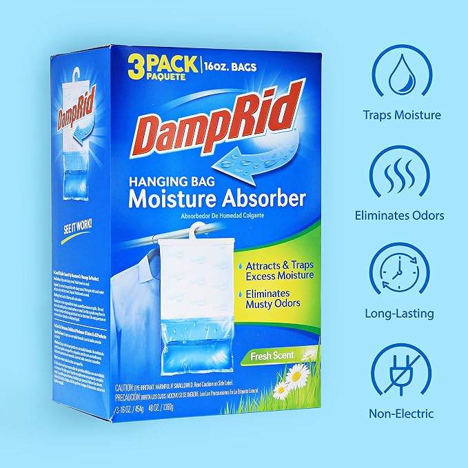 DampRid Hanging Bag, Moisture Absorber, Pack of 3 (16 oz. ea.), 3 Pack, Blue
