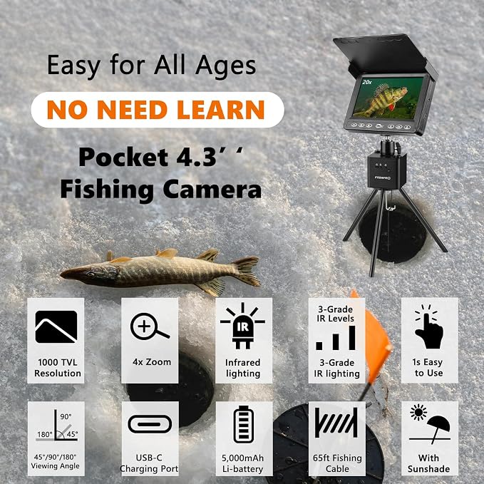 [FishPRO® 2026 Upgrade] Underwater Fishing Camera -4.3'' Ice Fishing Camera Underwater(NO Need Learn), 1000TVL, Ice Fish Gift for Men, Ice Fish Finder for Boat Fish w/IR/USB-C/5,000mAh/65ft
