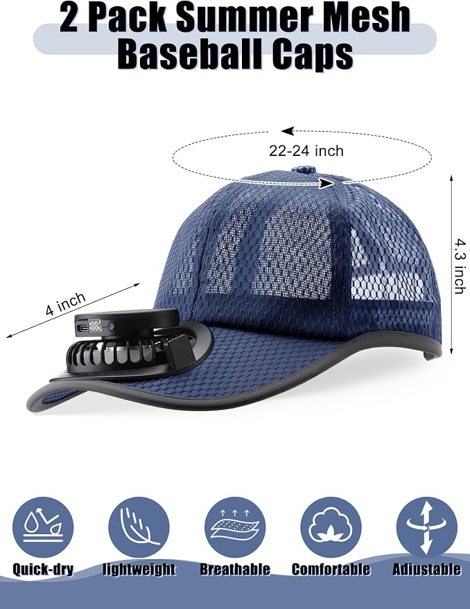 Yaomiao 2 Pcs Solar Baseball Cap with Fan Unisex Sun Protection USB Charging Fan Mesh Hat for Summer Outdoor