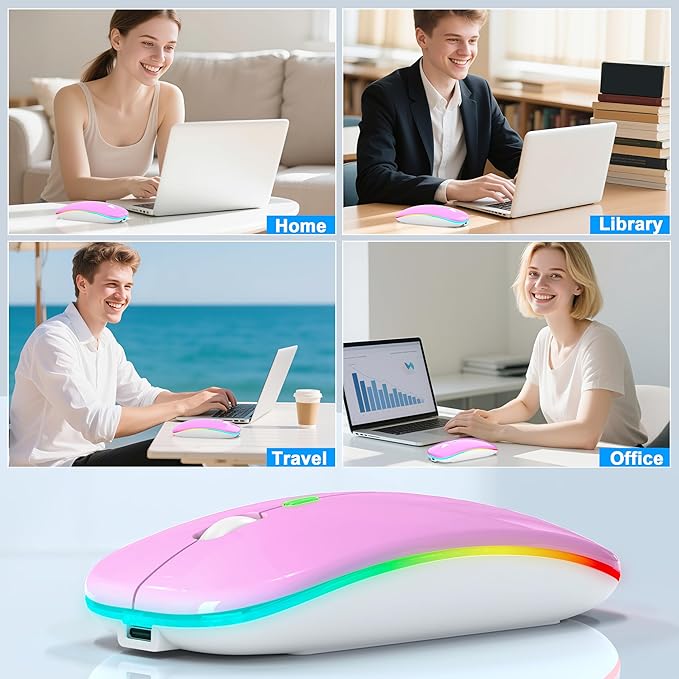 LED Wireless Mouse - RGB Rechargeable Bluetooth Wireless Mouse for MacBook Pro Air Mac iPad PC Laptop, Silent Optical USB C Mice with Jiggler Mouse Mover for Keep Computer Awake - Purple
