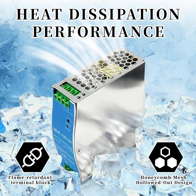 NDR-120-24 Din Rail Power Supply, 120W 24V 5A AC to DC Switching Converter, 100-240VAC Universal Input,with Voltage Adjust & DC OK Indicator