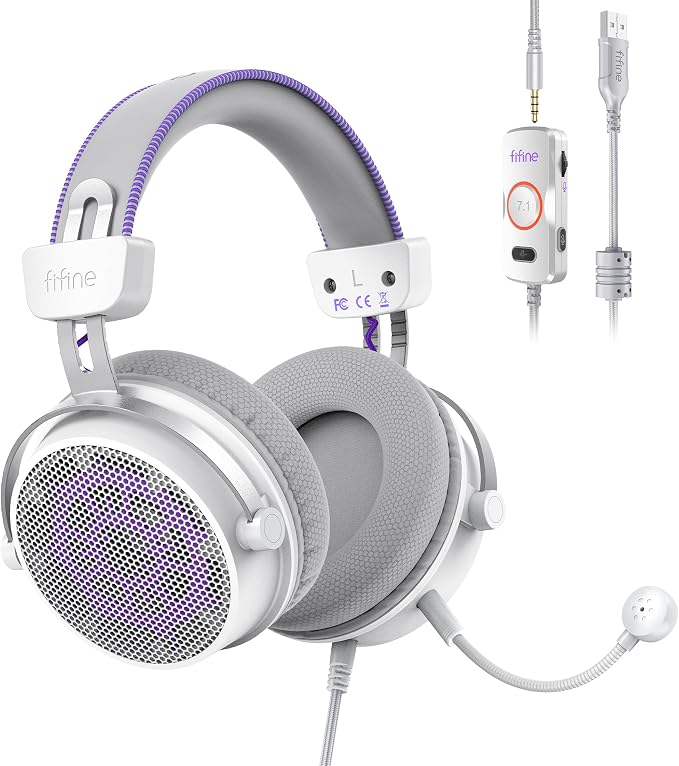 FIFINE Open Back Gaming Headset with 7.1 Surround Sound - Dual Wired USB/3.5mm Connection - USB Control Box - Detachable Mic, Over Ear Headphone for PC, PS4/5, Xbox, Switch, Mobile - H18V Lite WP