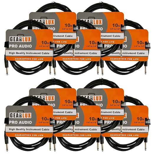Gearlux Instrument Cable/Guitar Cable, 1/4 Inch, Straight to Straight, Black, 10 Feet - 10 Pack