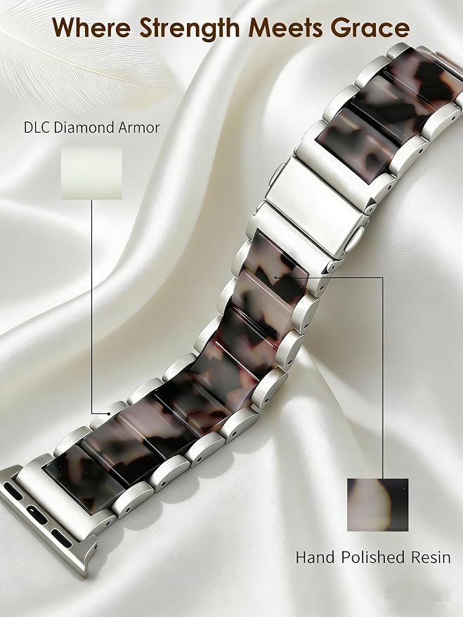 V-MORO Compatible with Apple Watch Band 41mm 42mm 40mm 38mm Series 11/10/9/8 Fashion Strap Women,Stainless Steel Resin Band Bracelet Replacement for iWatch Ultra/SE/7/6/5/4/3/2/1-Black Floral+Starlight