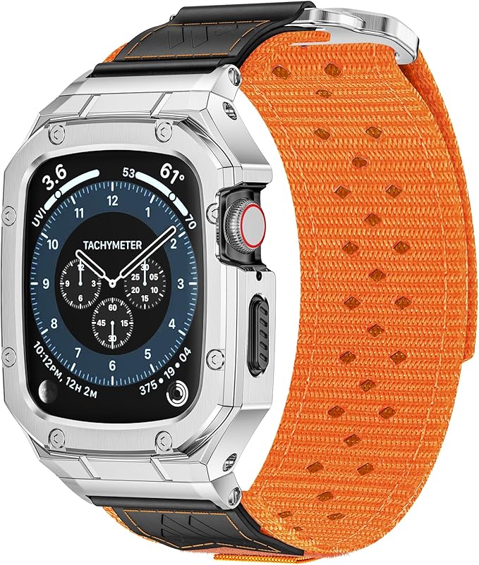 BAITEYOU Band with Case Compatible with Apple Watch Band Series 9 8 7 (41mm) 6 5 4 SE 3 2 1 (40mm 38mm), Nylon Strap with Stainless Steel Metal Rugged Case Cover for iwatch Bands for Men