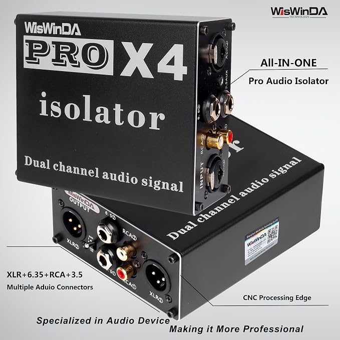 Pro X4 Multi-Purpose 2Channels XLR/RCA/AUX/TS/TRS Passive Hum Eliminator Box for Audio Equipments Ground Loop Isolator Noise Filter for Different Audio Systems Using