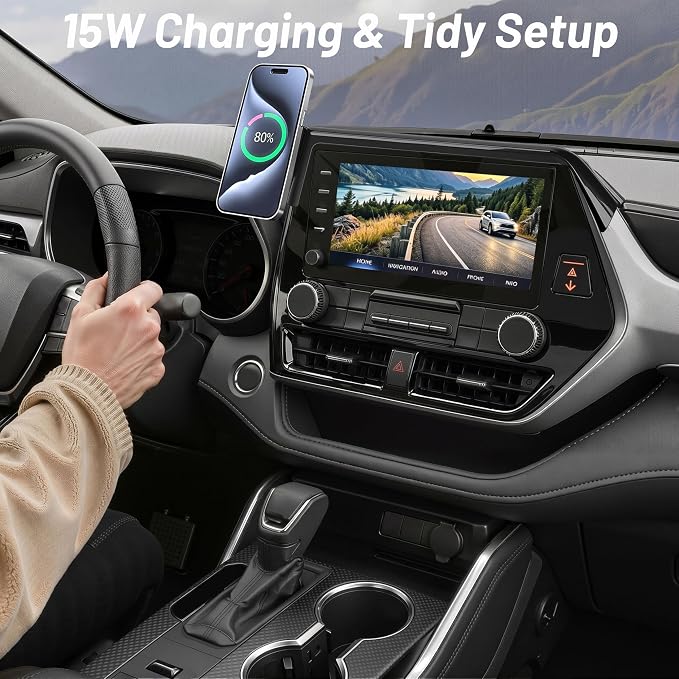 Phone Mount for Toyota Highlander 2020-2025 (L/LE/XLE/XSE/Limited, 8" Screen Only), MagSafe Car Mount Charger, Magnetic Phone Holder, 15W Wireless Charging, 360° & Hands-Free, Highlander Accessories