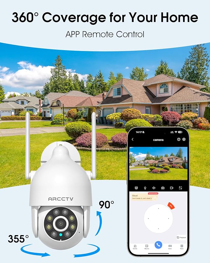 ARCCTV 2K Security Camera Outdoor, 2.4G/5G WiFi 24/7 Recording Security Camera, 360° PTZ Auto Tracking, Motion Tracking, Full Color Night Vision, Waterproof