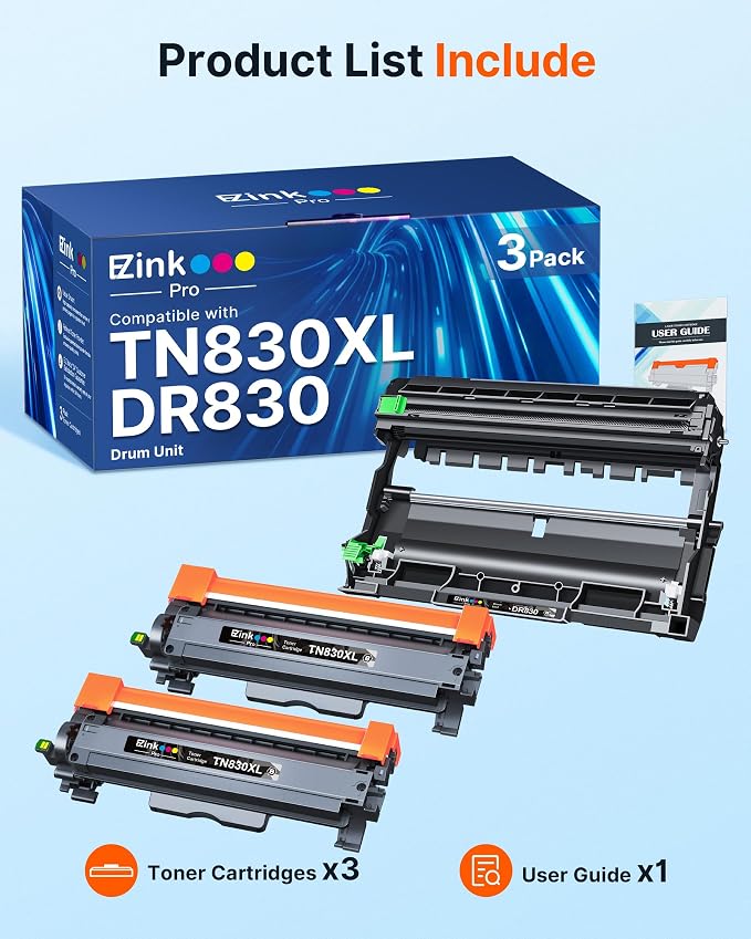 E-Z Ink Pro for Brother TN830XL Toner and DR830 Drum Unit Replacement for Brother Printer HL-L2405W HL-L2400D HL-L2460DW HL-L2465DW HL-L2480DW DCP-L2640DW MFC-L2820DWXL(2 Toner 1 Drum)