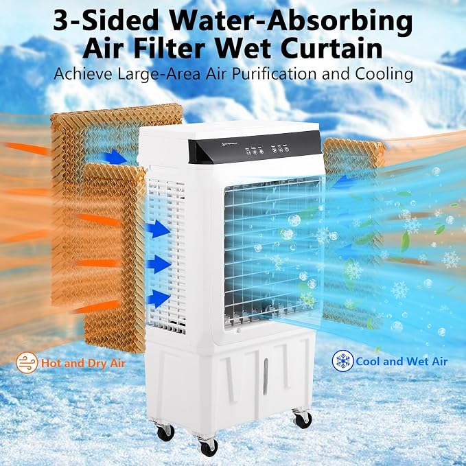 Takywep Evaporative Air Cooler, 1800CFM Swamp Cooler with Remote Control and 12H Timer, 4 Ice Packs, 3 Modes & Wind Speeds for Outdoor Indoor Use, 8.4 Gallon