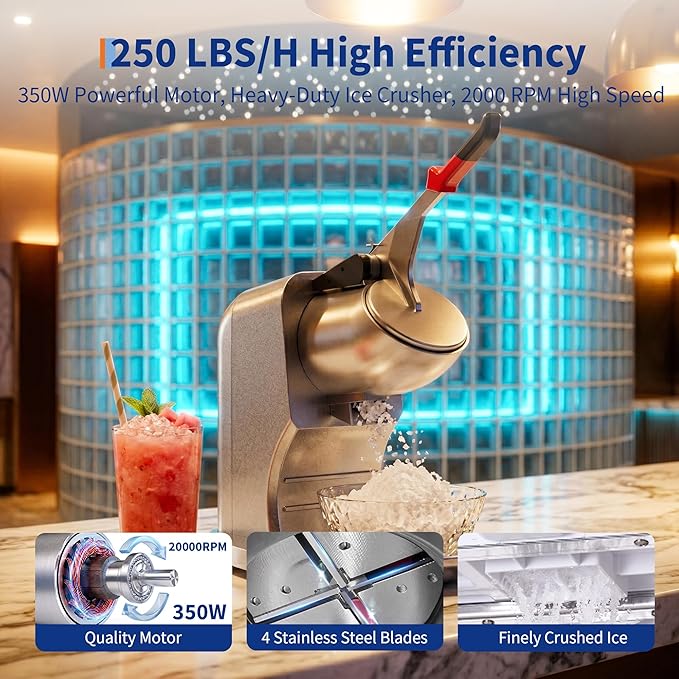 Garvee Commercial Ice Crusher 250LBS/H, 350W Electric Snow Cone Machine with 4 Stainless Steel Blades, 2000RPM, 1.98LBS Hopper Shaved Ice Maker with Bowl & Cover for Home and Commercial Use, Silver