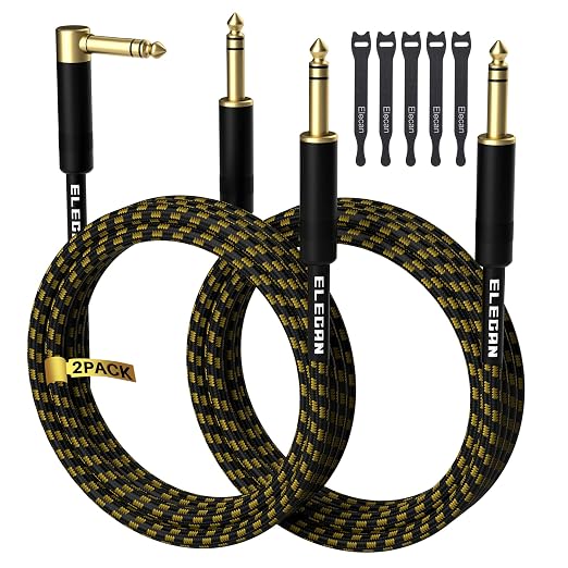 Elecan 1/4 Inch TRS Instrument Cable 4 Ft/2 Pack-Right Angle+Straight to Straight 6.35mm Male Jack Stereo Audio Interconnect Cord-Gold Plated-Braided-Balanced Line for Electric Guitar Bass+ 5 Ties