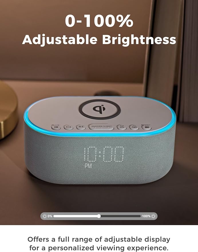 Odokee Wireless Charging Alarm Clock Radio: Qi Certified Fast Wireless Charger for iPhone Samsung - 10W Stereo Bluetooth Speaker - Dimmable Digital Clock with FM Radio for Bedroom Cloud Blue
